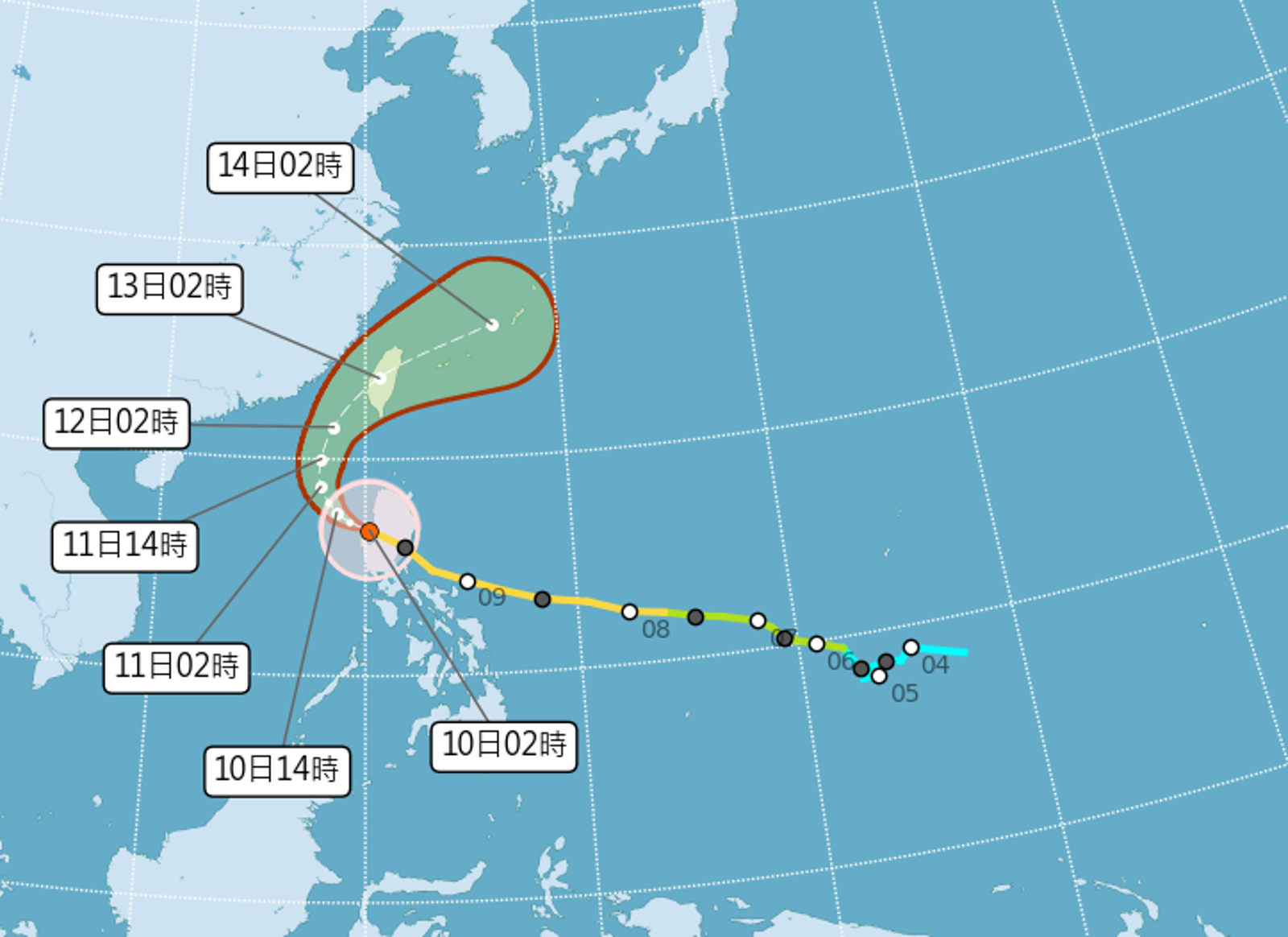 鳳凰颱風預測路徑潛勢圖。圖／中央氣象署