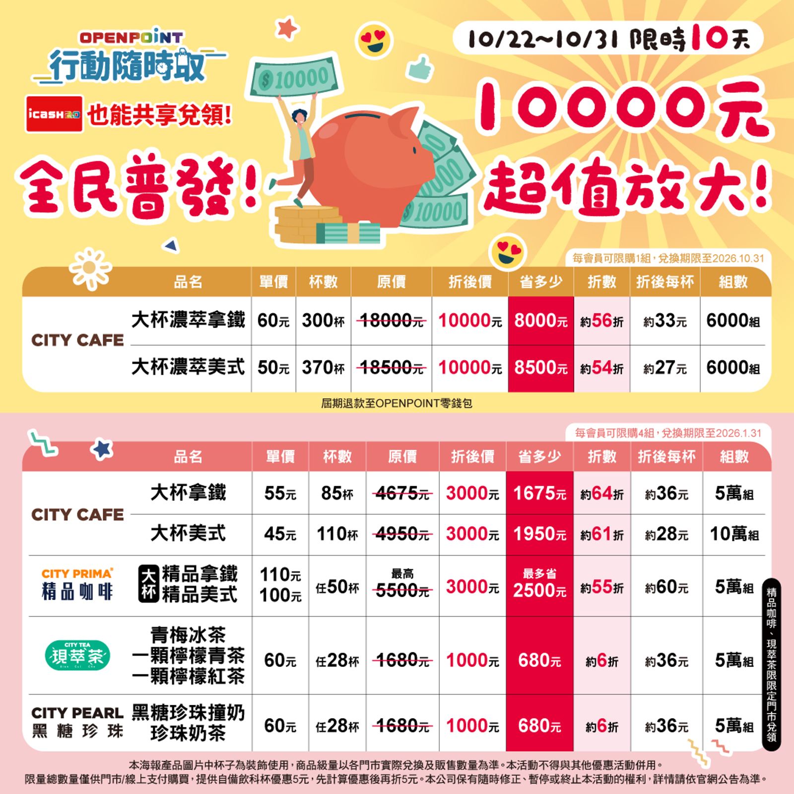 7-ELEVEN的「政府萬元發放超值放大活動」只到10月底，要把握激省咖啡、飲料錢的機會。