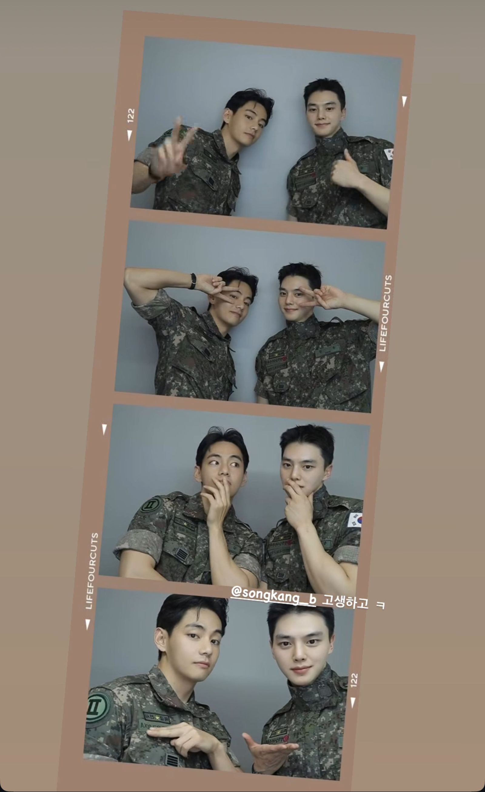 BTS成員V(左)與宋江拍下穿著軍服的人生四格照。翻攝IG@thv