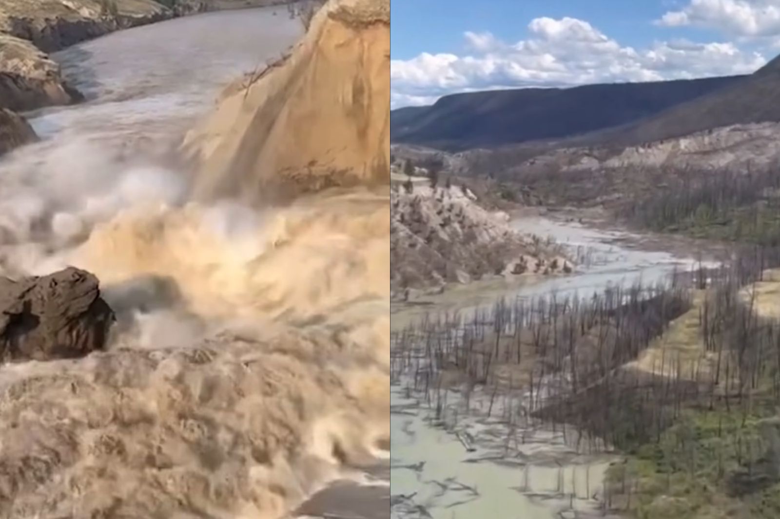 粉專以加拿大卑詩省的Chilcotin River堰塞湖潰堤舉例，其蓄水量較花蓮堰塞湖少，威力已相當驚人。圖／翻攝自Follow XiaoFei 跟著小飛玩