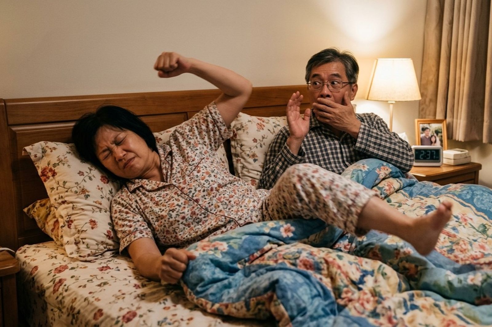 半夜大叫、踢腿、揮拳不只是睡相差,恐是快速動眼期睡眠行為障礙,與神經退化風險有關。(示意圖)