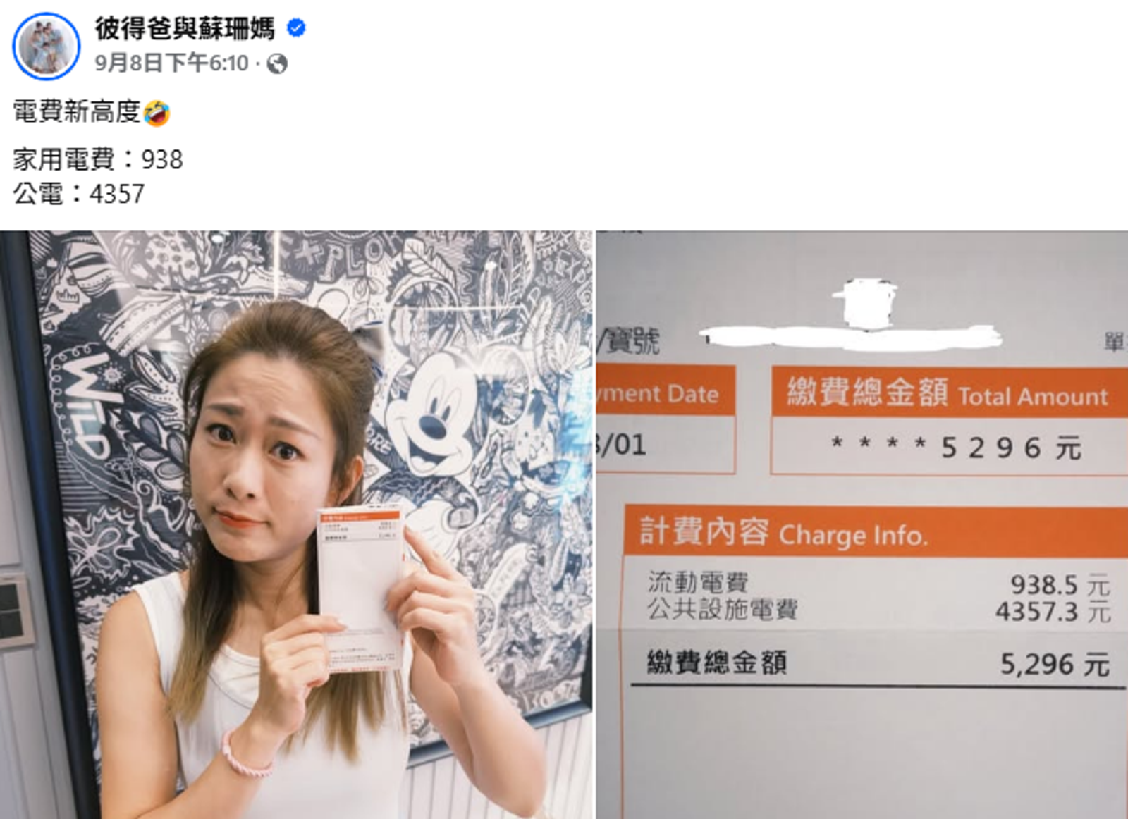 YTR「彼得爸與蘇珊媽」發現公共電費高得嚇人，引起網友熱議。圖／翻攝自彼得爸與蘇珊媽臉書