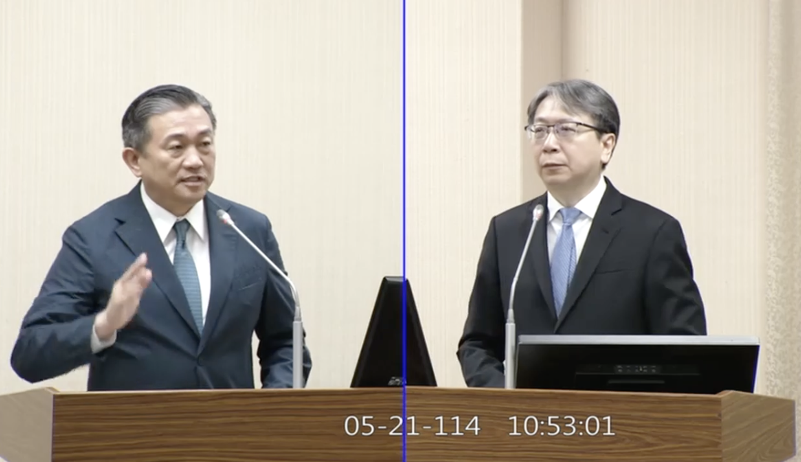 國安局長蔡明彥(右)在接受立委王定宇的質詢時說,會提醒聽取國安簡報的人,簡報內容是涉密的。(圖/翻攝立法院議事轉播IVOD)