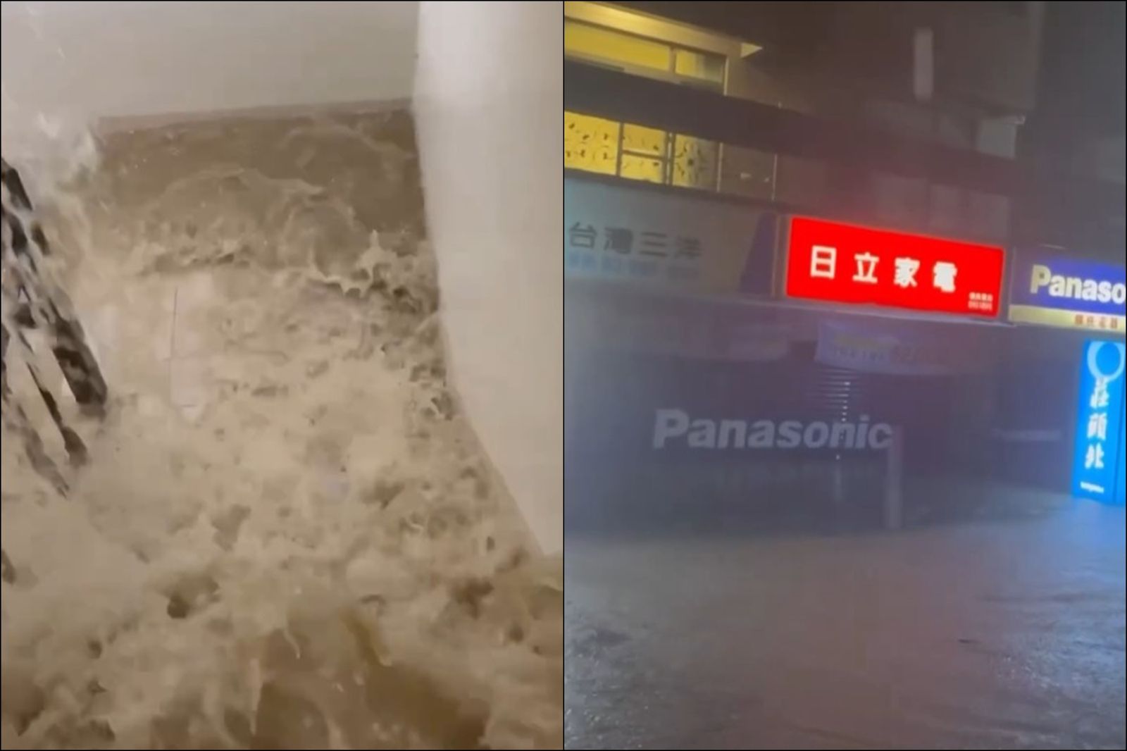 泥水宛如瀑布在樓梯間流下，戶外更可見積水已快將1樓店鋪滅頂。圖／翻攝自Threads