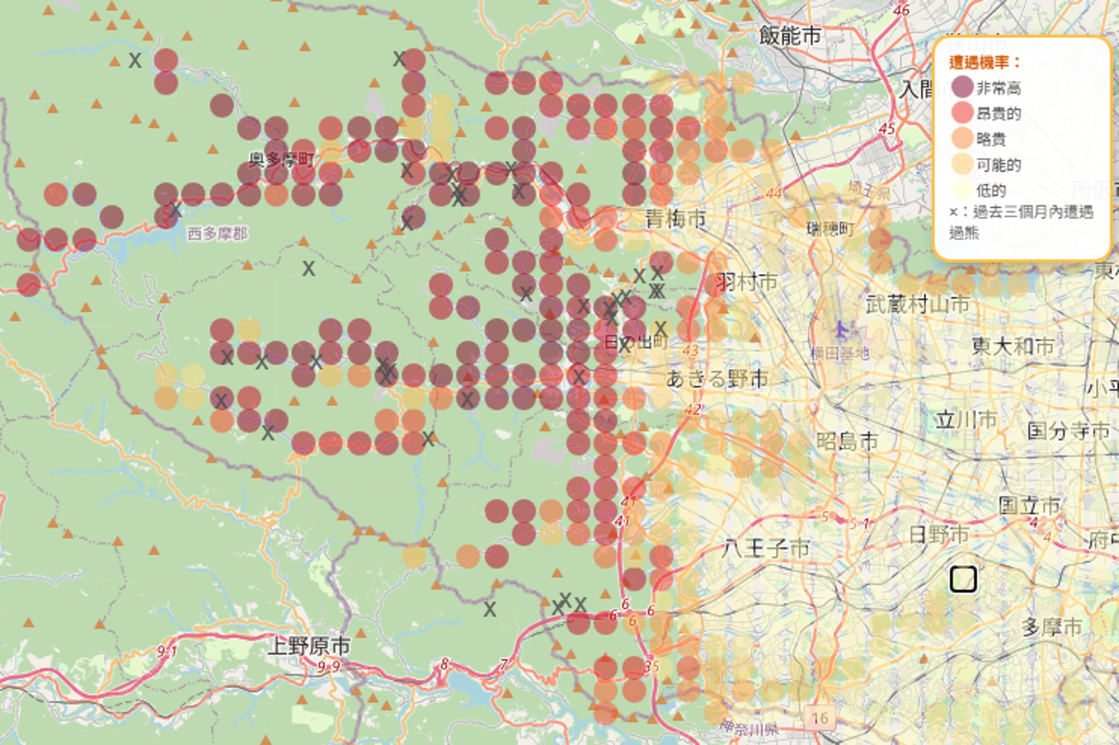地圖清楚表示熊出沒高、低風險區。圖／翻攝自上智大學官網
