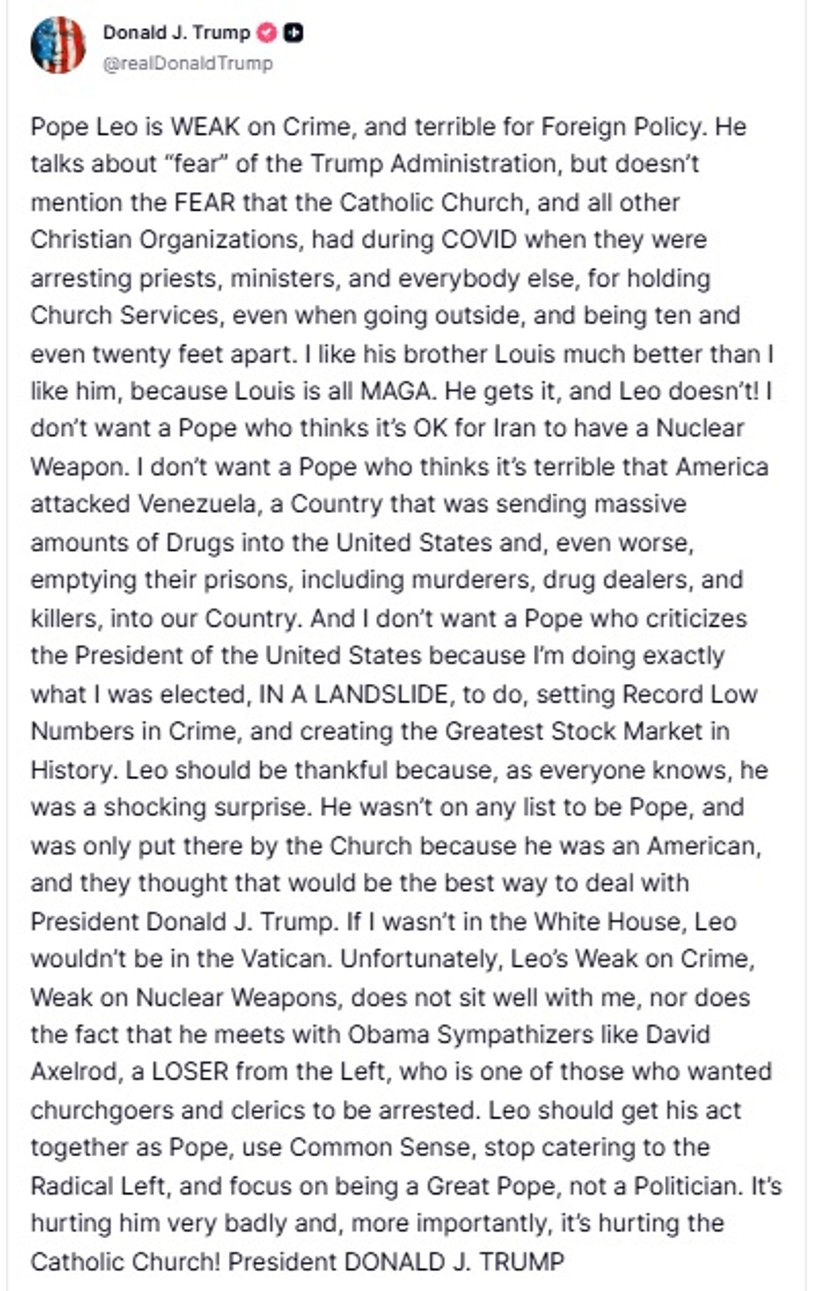 美國總統川普重炮批評教宗良十四世。圖／翻攝自「Donald J. Trump」真相社群