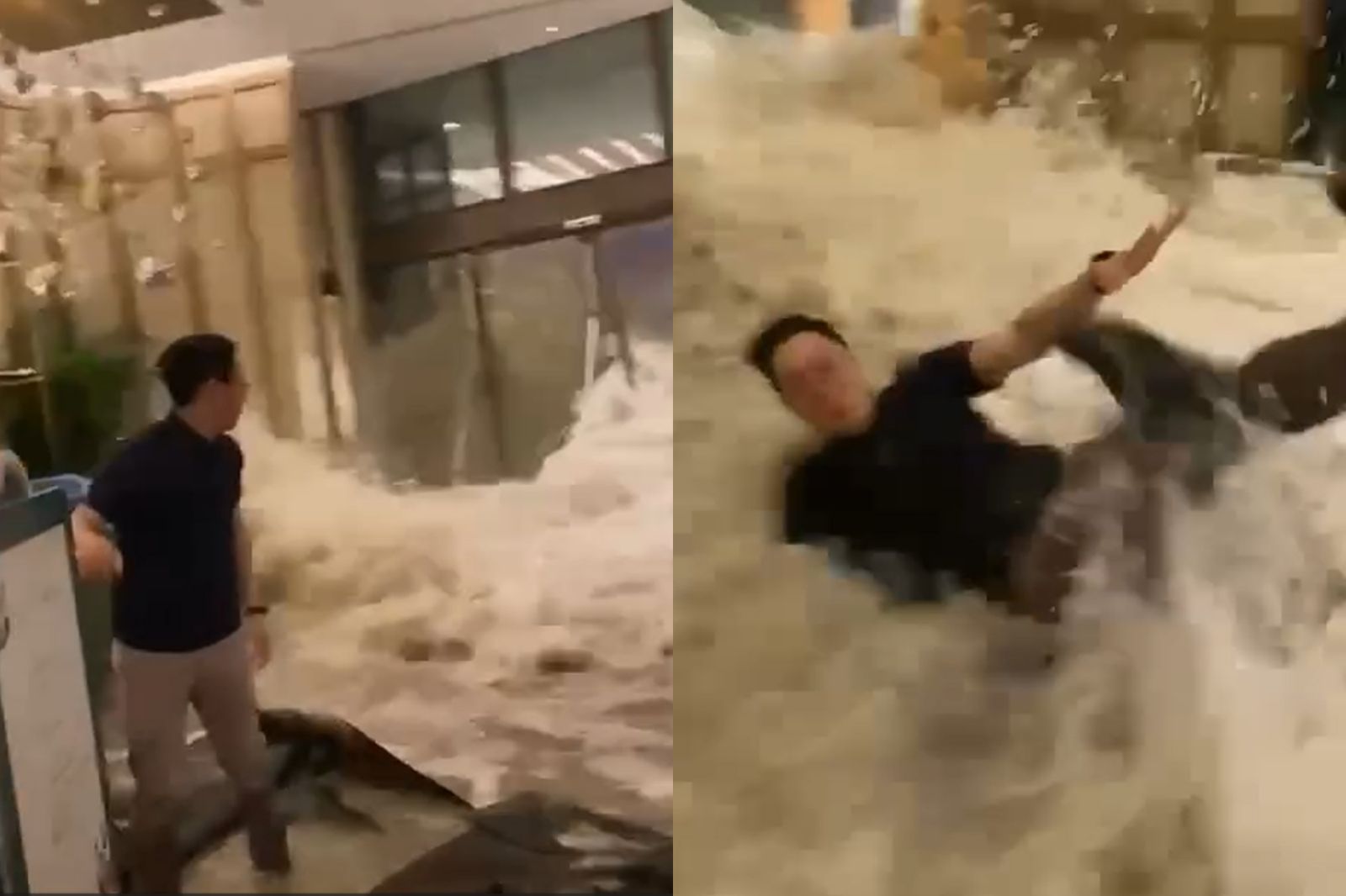 香港富麗敦海洋公園酒店玻璃門被洪水沖破，人員因龐大水流站不穩跌倒。圖／翻攝自Threads
