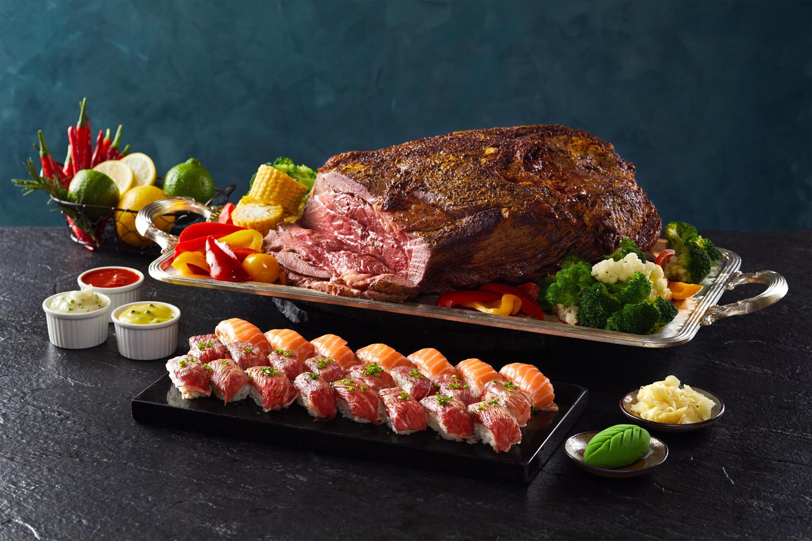 「50樓Café」母親節Buffet海陸饗宴，吃得到和牛爐烤、壽喜燒、炙燒握壽司、生魚片與海鮮百匯一次上桌。（50樓Café供圖） 