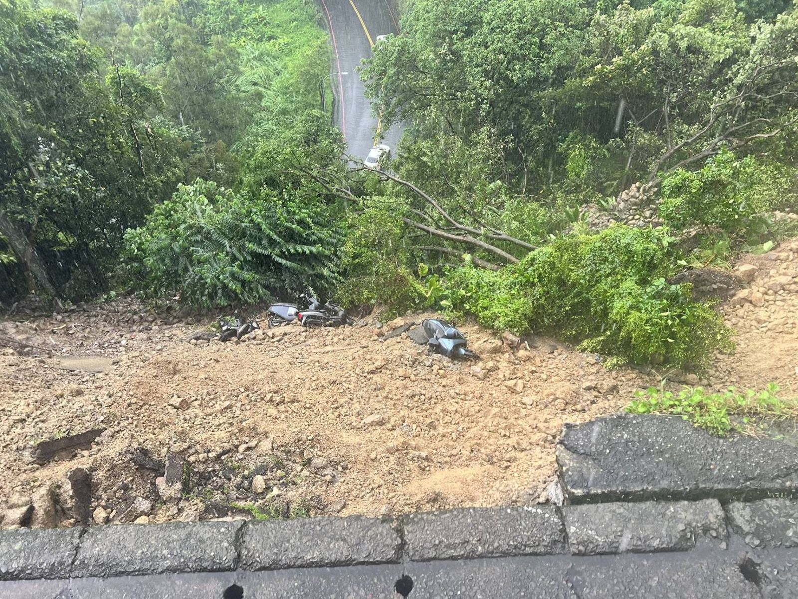 報案稱「路樹倒塌,不清楚幾顆」 警方到場傻眼…竟是土石崩落還有5汽機車「跟著下去」