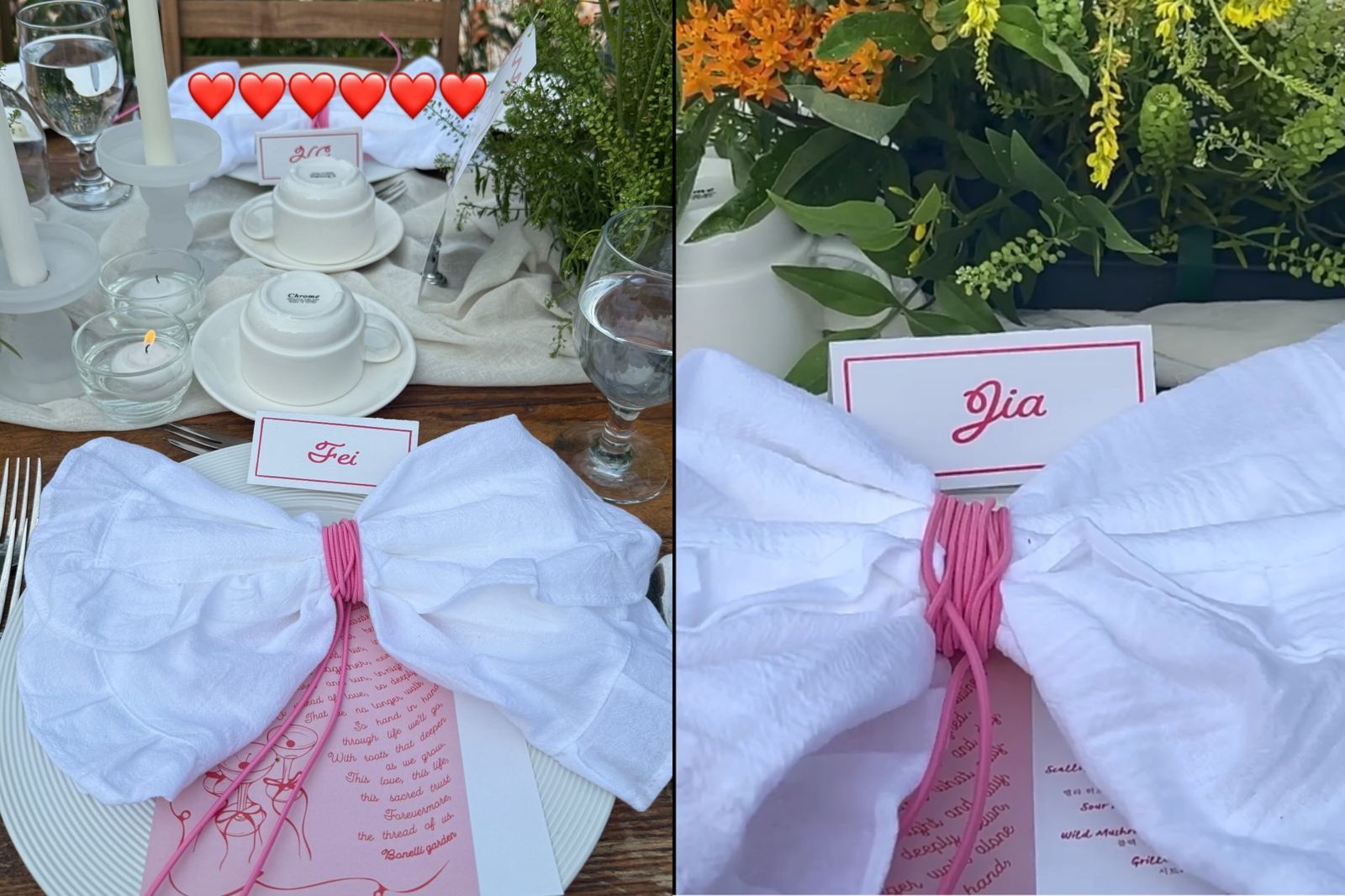 王霏霏、孟佳在IG限動PO出Min婚禮現場的照片,新娘貼心為兩人的座位放上名牌。翻攝IG@ff0427、mjbaby0203