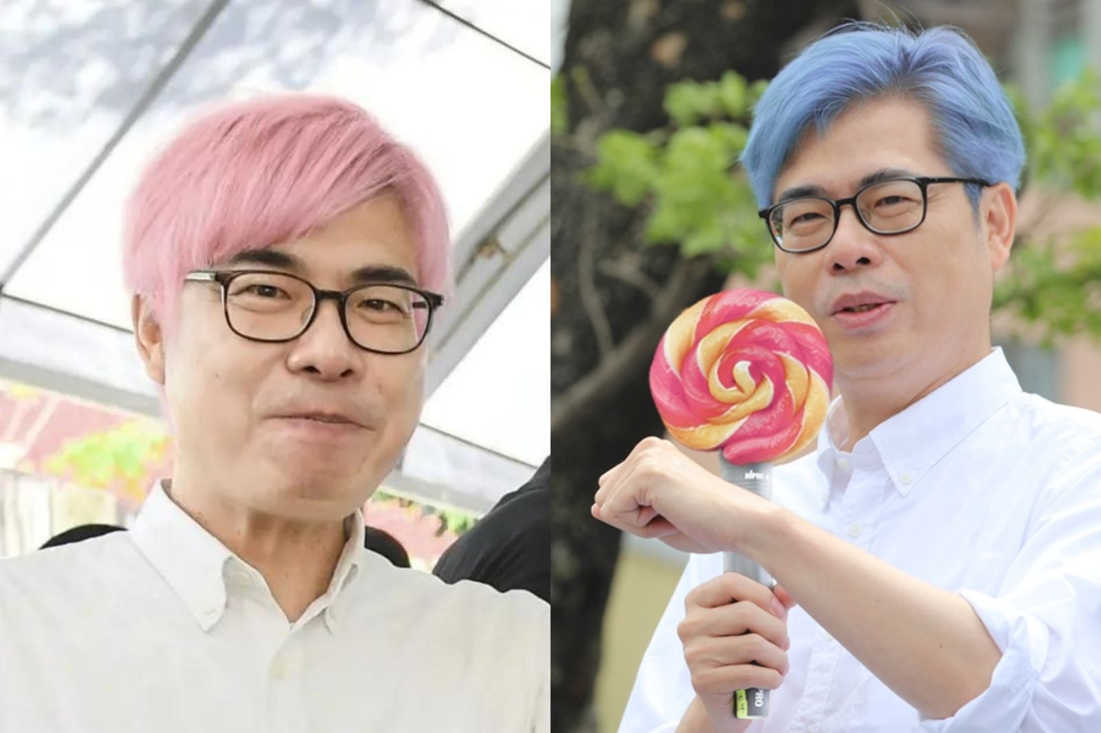 陳其邁將髮色從粉紅色換成藍色，還拿著棒棒糖拍照。翻攝FB@chenchimai