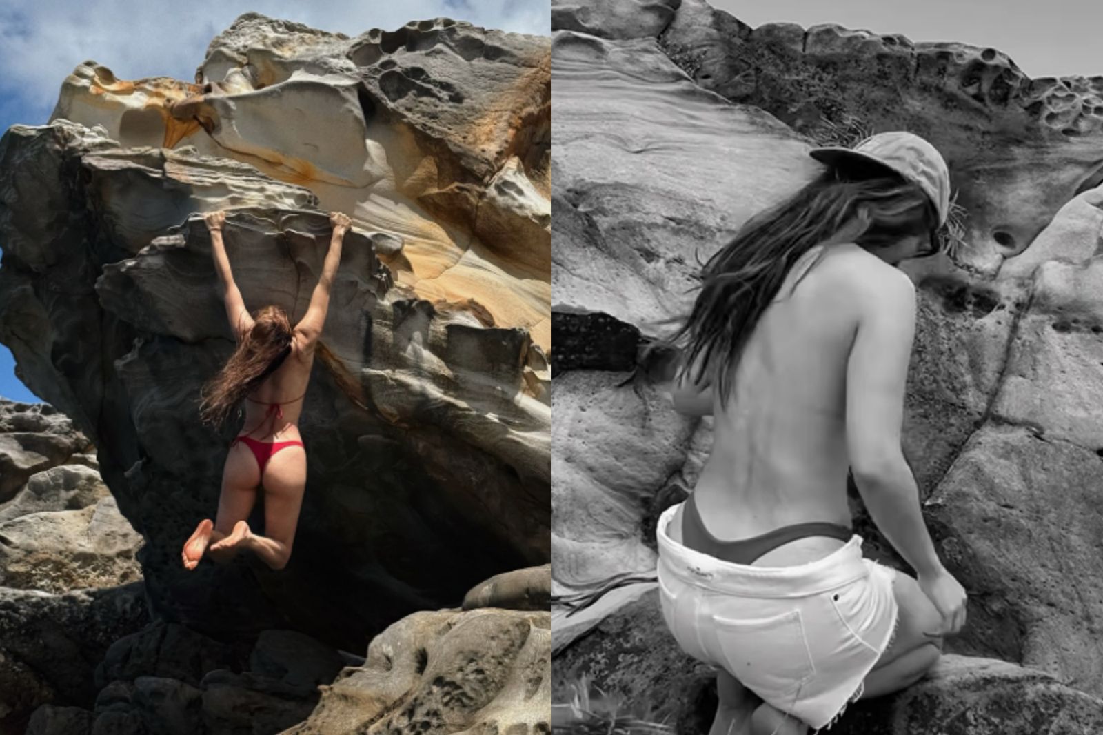瑞瑪席丹在海邊徒手攀岩，還直接裸背入鏡上空更衣。翻攝瑞瑪席丹IG