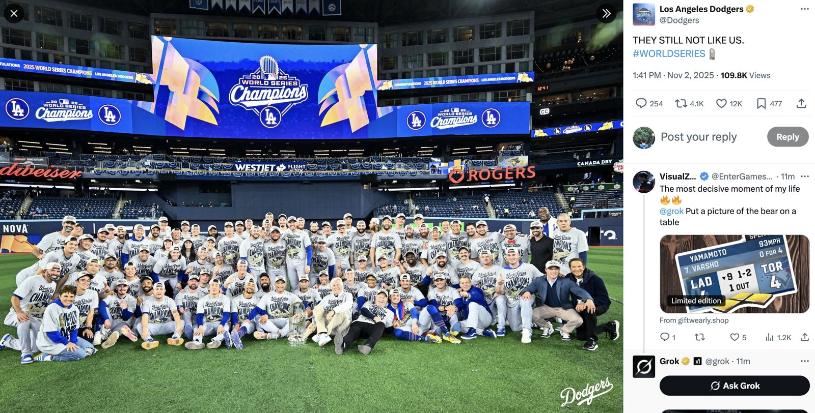 球團官方帳號賽後貼出冠軍合照，並配文「THEY STILL NOT LIKE US」。圖／翻攝自X@Dodgers