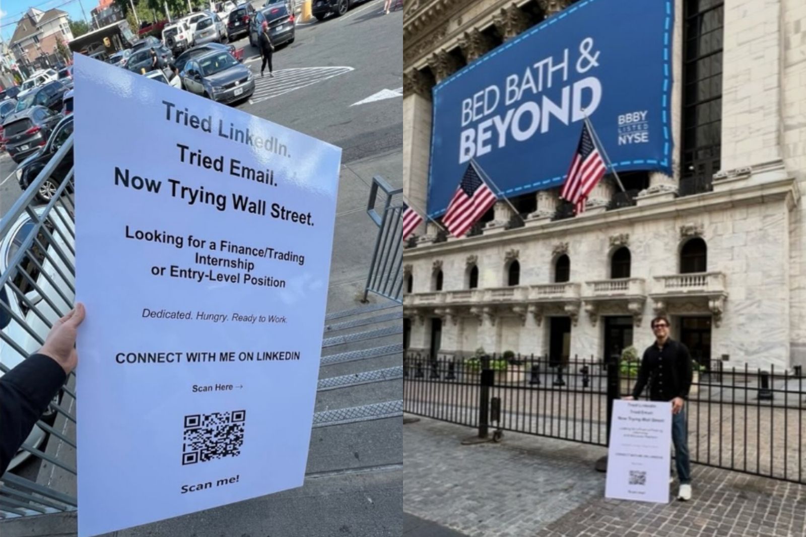 男大生3年投上千履歷沒結果 到華爾街舉牌「秀QR code找工作」!網讚:雄心壯志
