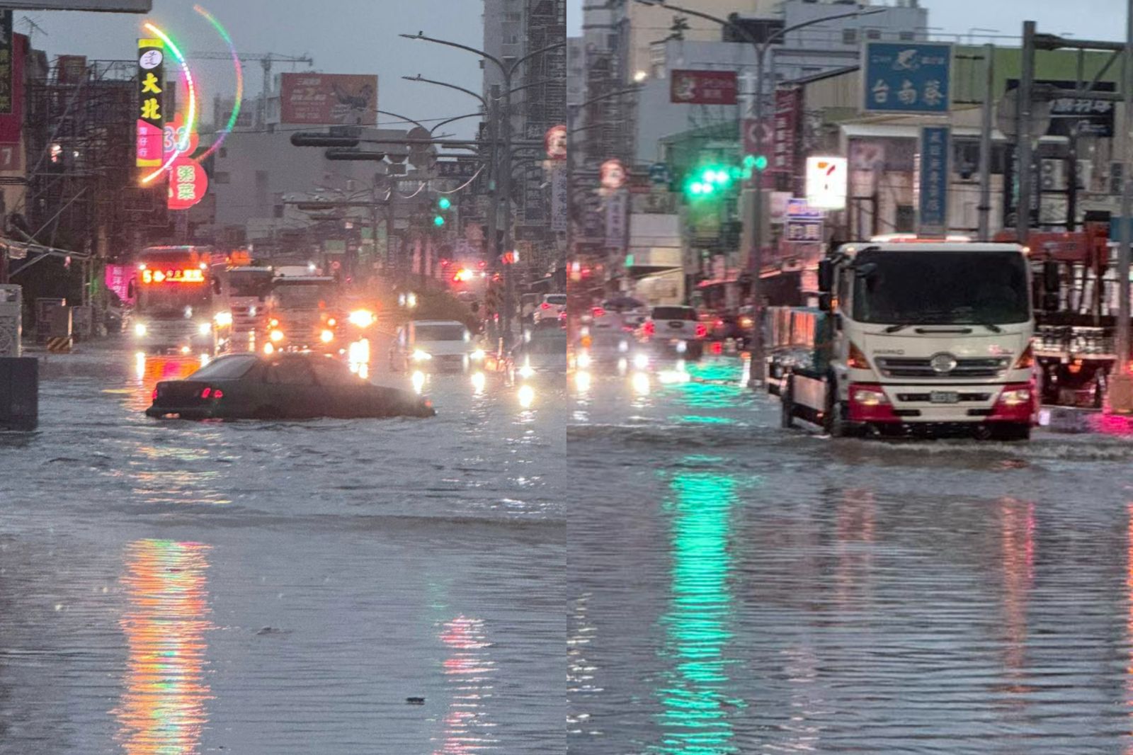 國家警報大響！台南暴雨「水淹過一個輪胎高」。圖／翻攝自台南人大小事臉書社團