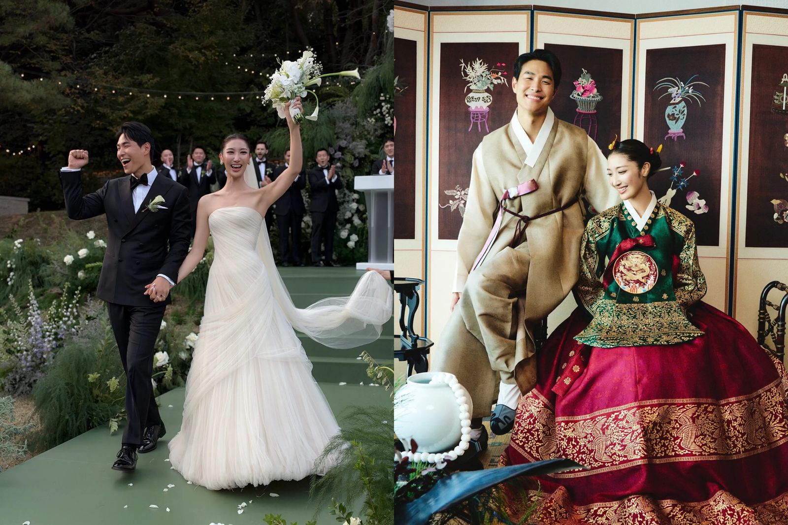 EJAE(右)與製作人老公Sam Kim在首爾甜蜜完婚,還遵照傳統婚俗辦婚宴。圖/翻攝自IG@Ejae_k