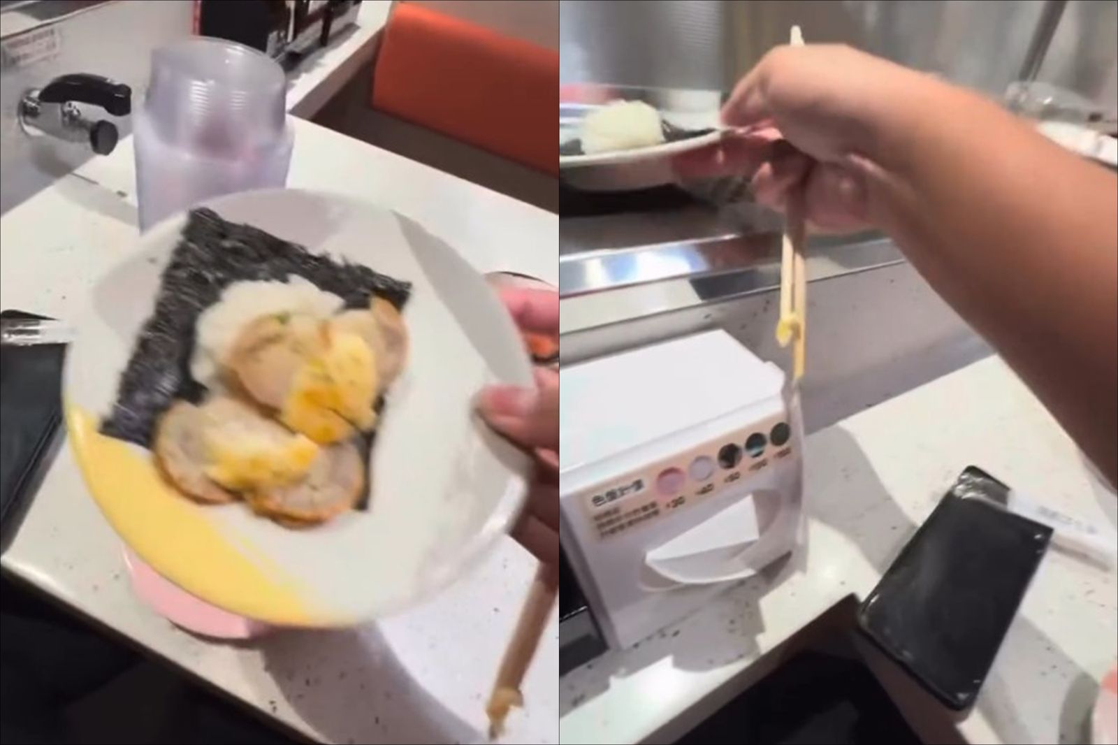 屁孩吃了壽司上的貝類後，再把剩餘的醋飯放回旋轉台。圖／翻攝自Threads／jnxand._.1114