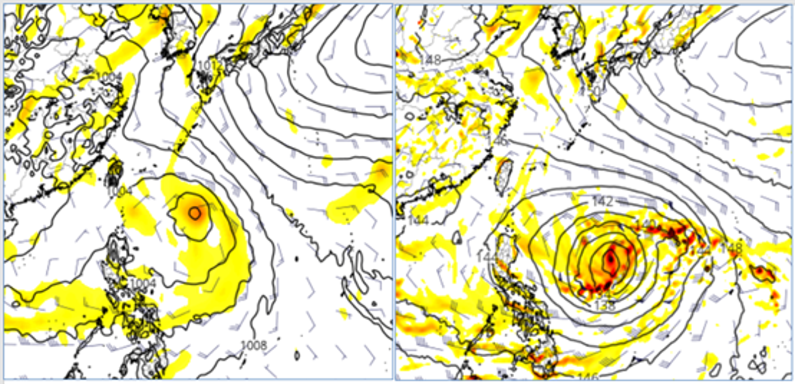 歐洲模式（左）及美國（右）模式顯示，17日時台灣東方海面有熱帶系統存在。圖／翻攝自財團法人氣象應用推廣基金會