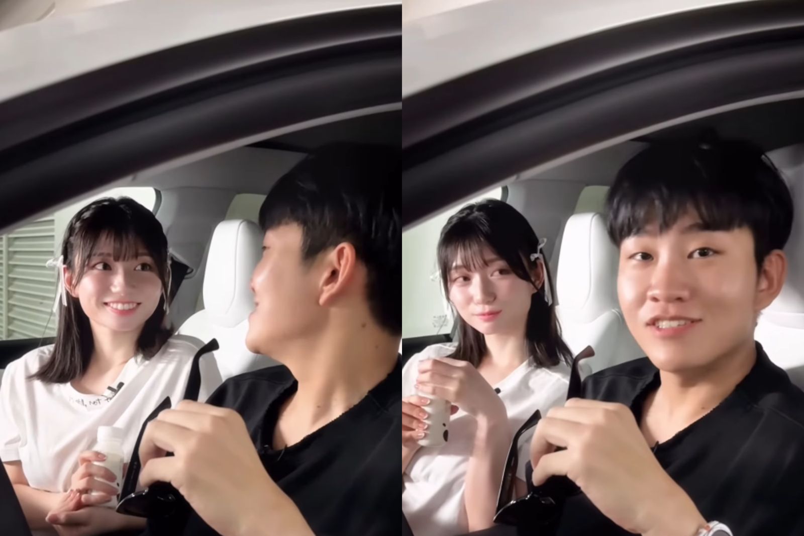 Joeman 九妹（右）帶瀨戶環奈坐上特斯拉。翻攝IG@joemanweng