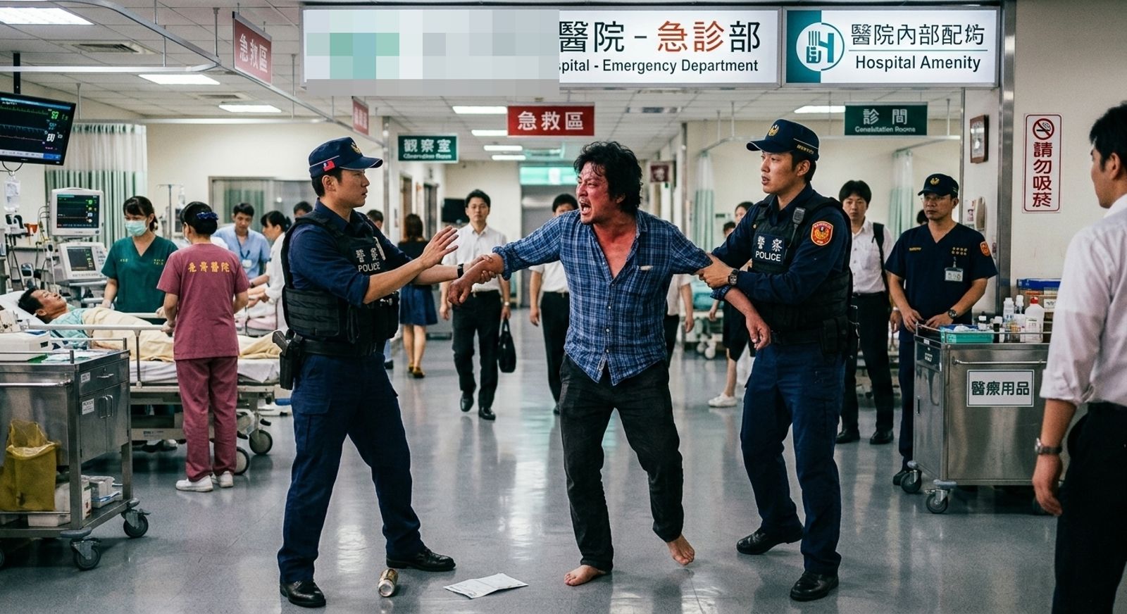 日籍男子大原弘義(OHARA HIROYOSHI)在醫院酒醉大鬧,以台、日、英「三聲道」連環飆罵並搶裝備。示意圖/AI生成