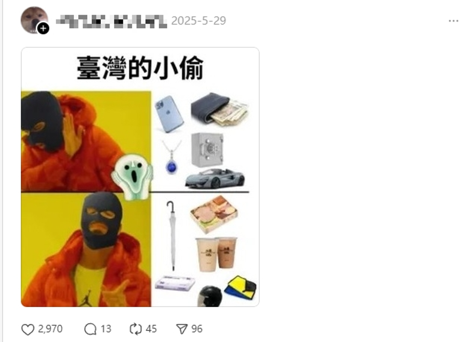 有網友分析台灣小偷最愛偷2樣物品。圖／翻攝自Threads