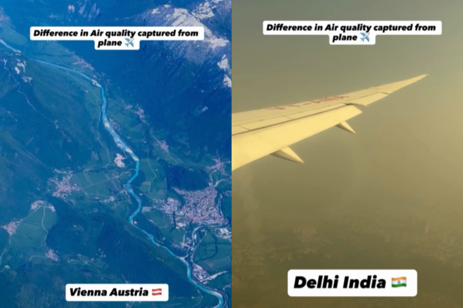 從飛機上拍維也納和德里的空氣對比。圖／IG@ _manu_fts