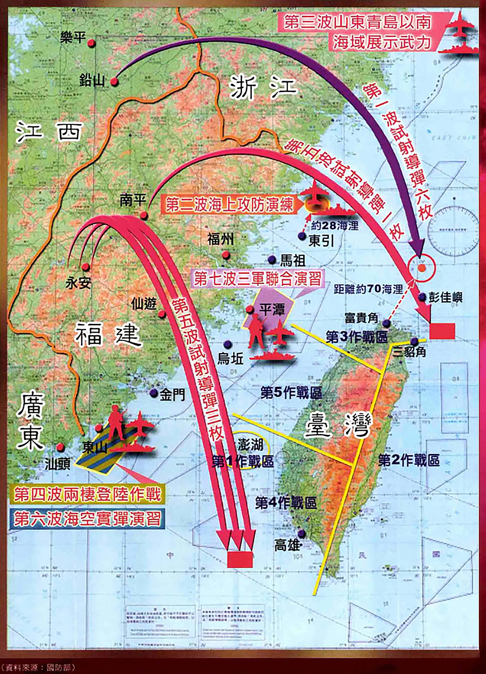 1996年台海危機中共七波軍演示意圖。（圖／翻攝《捍衛行動：1996年台海飛彈危機風雲錄》）