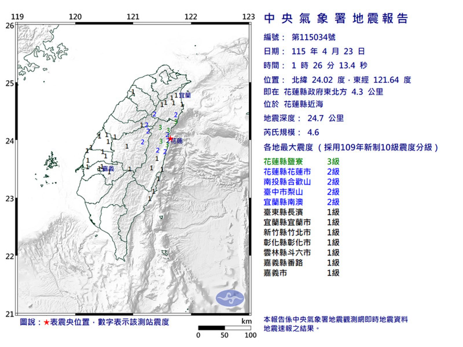花蓮近海23日凌晨1點26分發生規模4.6地震，最大震度3級。圖／中央氣象署