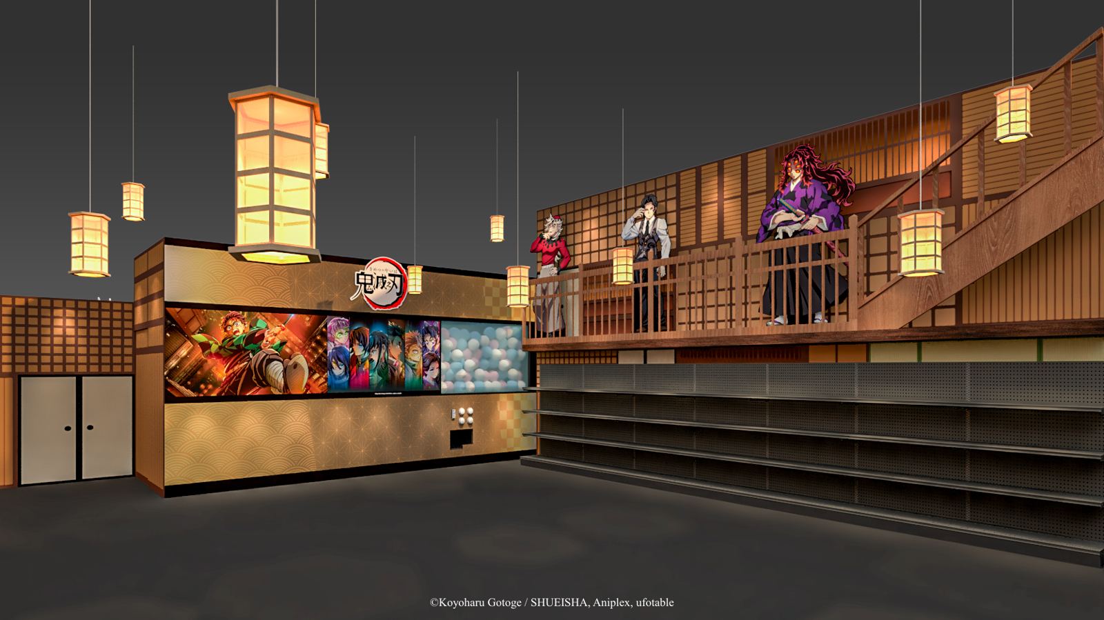 商售區以無限城為設計概念，還有無慘、黑死牟、童磨在高處觀察著一切。木棉花提供