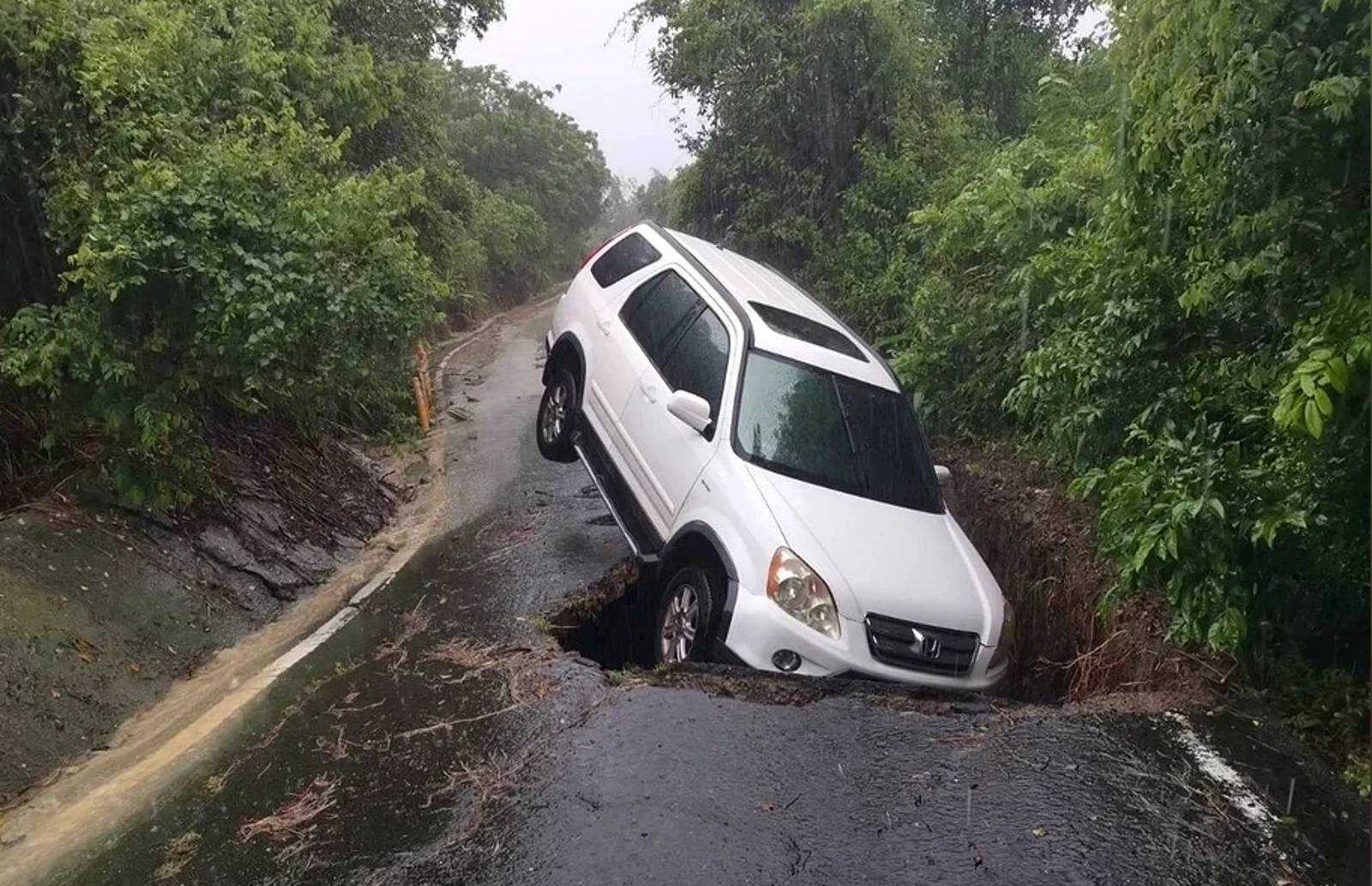 雨炸高雄/「天坑怪獸」連環現形:吞休旅車、擊落騎士,連三角錐都吃掉