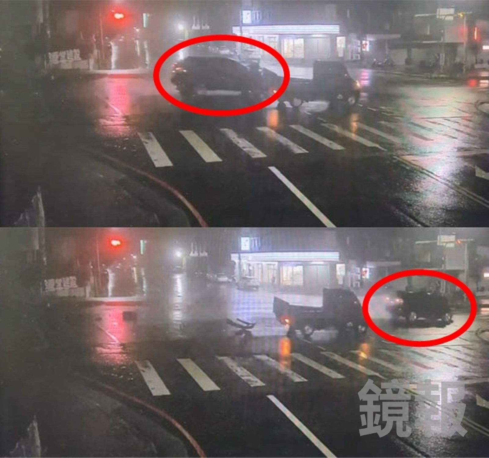 黑色休旅車(紅圈處)在路口追撞小貨車，碎片瞬間散落。民眾提供