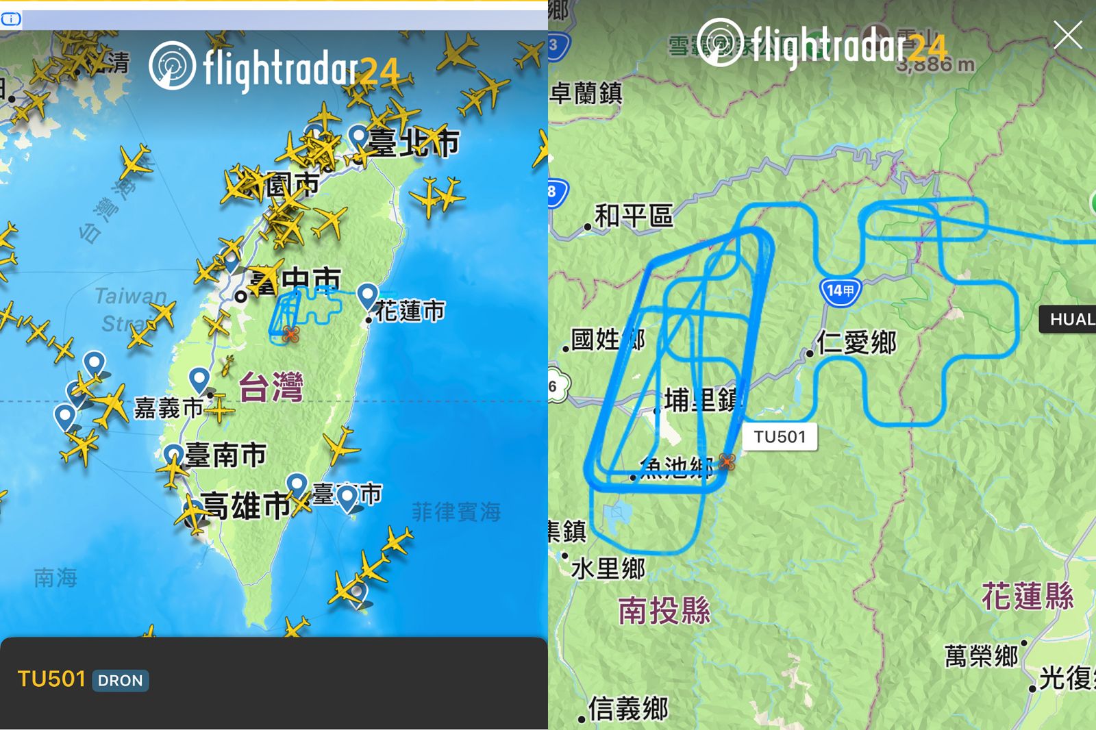 中科院研製的「騰雲」大型無人機在國慶日飛出「雙十」的航跡圖樣,讓不少航空迷感到驚喜。圖/翻攝APP Flightradar24