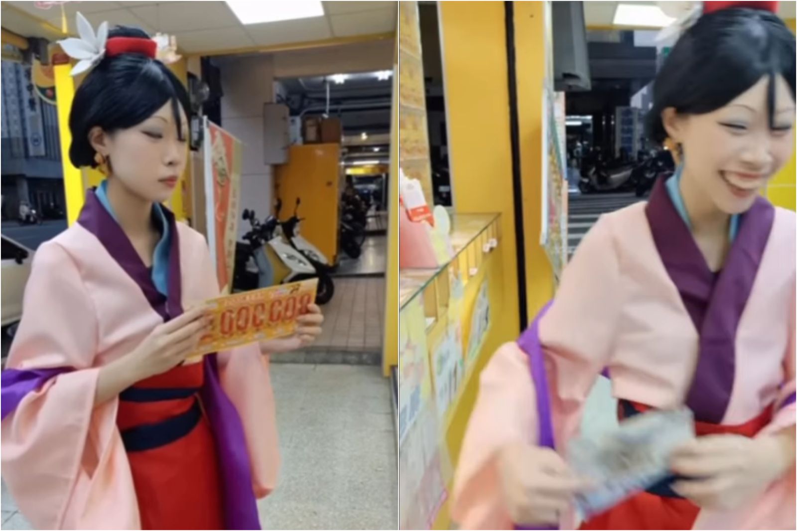 Coser「凪 な ぎ」裝扮成花木蘭前往彩券行，疑似刮刮樂中2千元。圖／翻攝自IG@nagi_flyefish