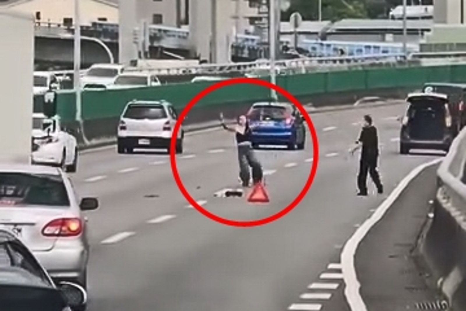 台74驚悚一幕!長髮醉男突跳離計程車「跪地膜拜、五體投地」 快速道路秒塞爆