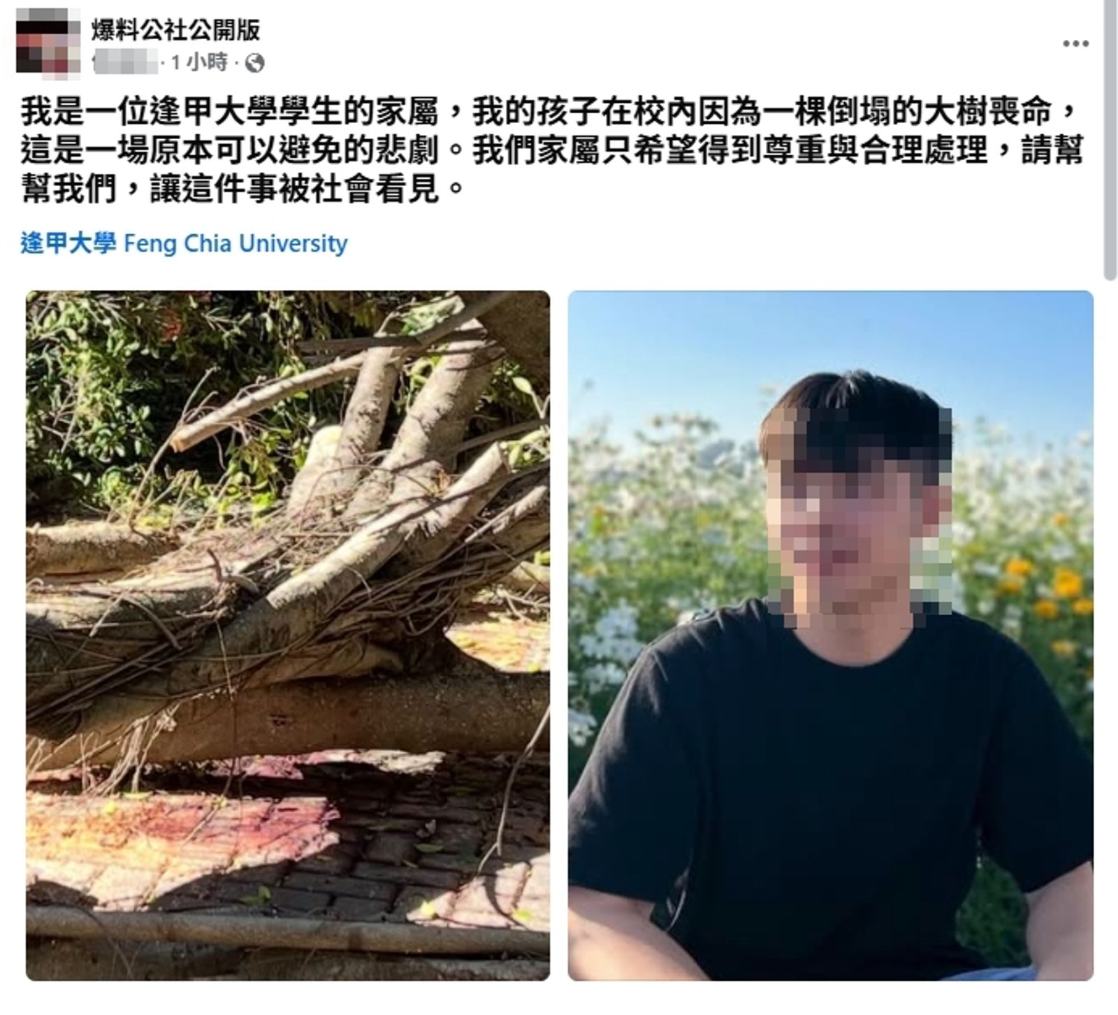 吳男母親痛訴逢甲大學至今還沒給家屬們一個交代。圖/翻攝自FB/爆料公社公開版
