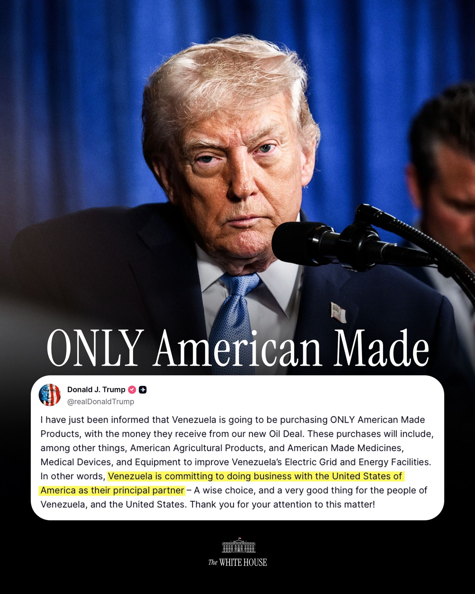 川普宣布委內瑞拉將僅用新石油協議中獲得的資金購買美國製造產品。圖／The White House