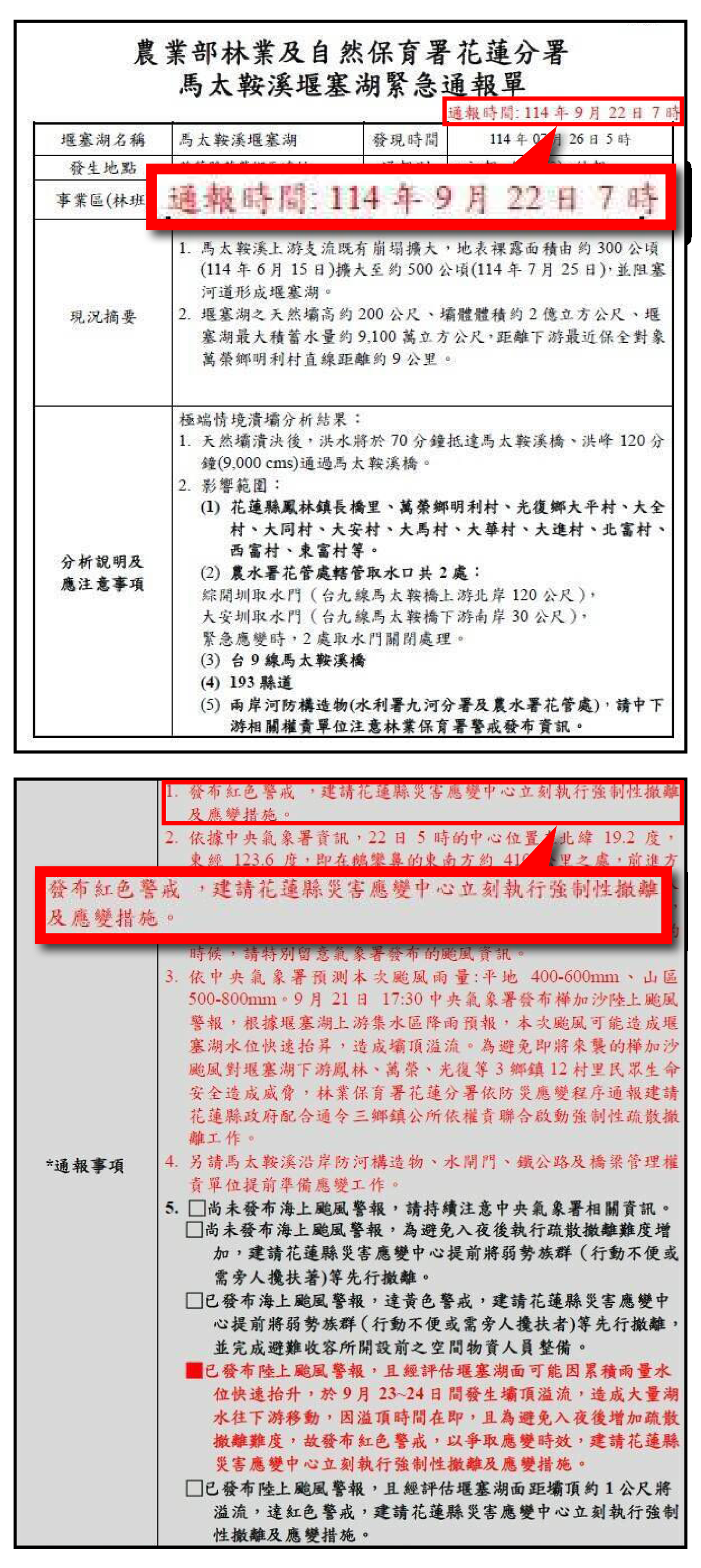 林保署22日上午7時就針對馬太鞍溪堰塞湖發出紅色警戒，並建議花蓮縣政府強制撤離當地民眾。（圖／林保署提供）