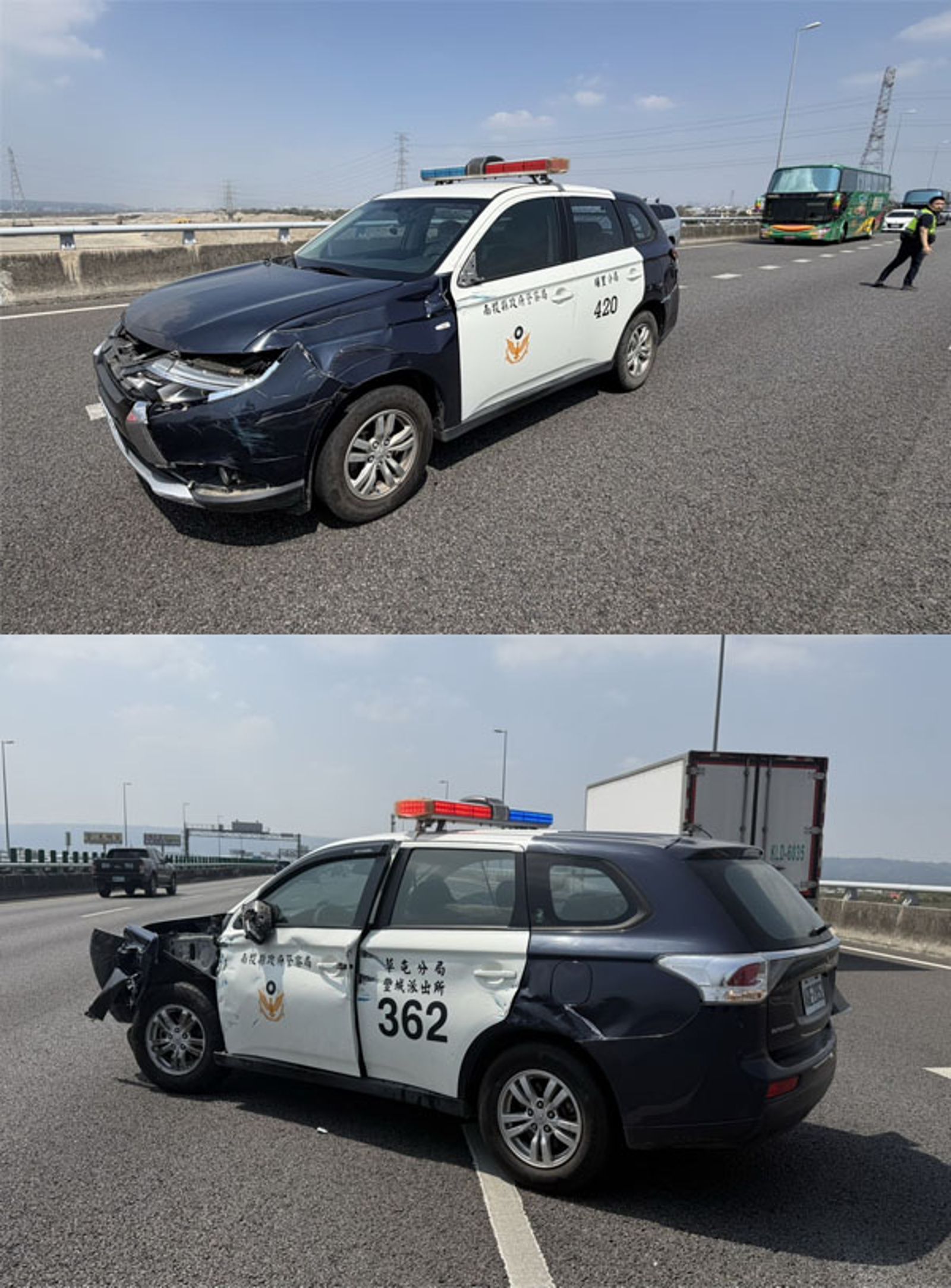 警車遭撞受損。民眾提供
