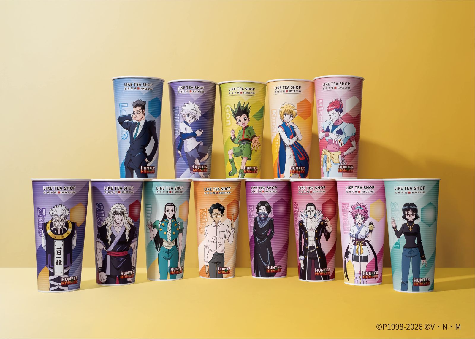 老賴茶棧推出《獵人 HUNTER×HUNTER》13位角色的手搖飲杯。圖/翻攝自Threads/liketeashop