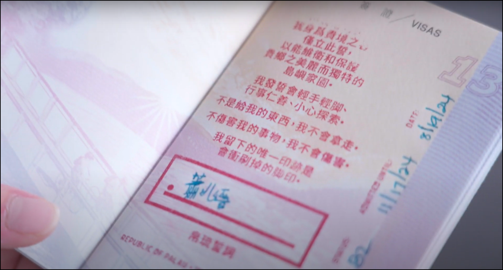 護照蓋有帛琉入境誓詞。公視提供