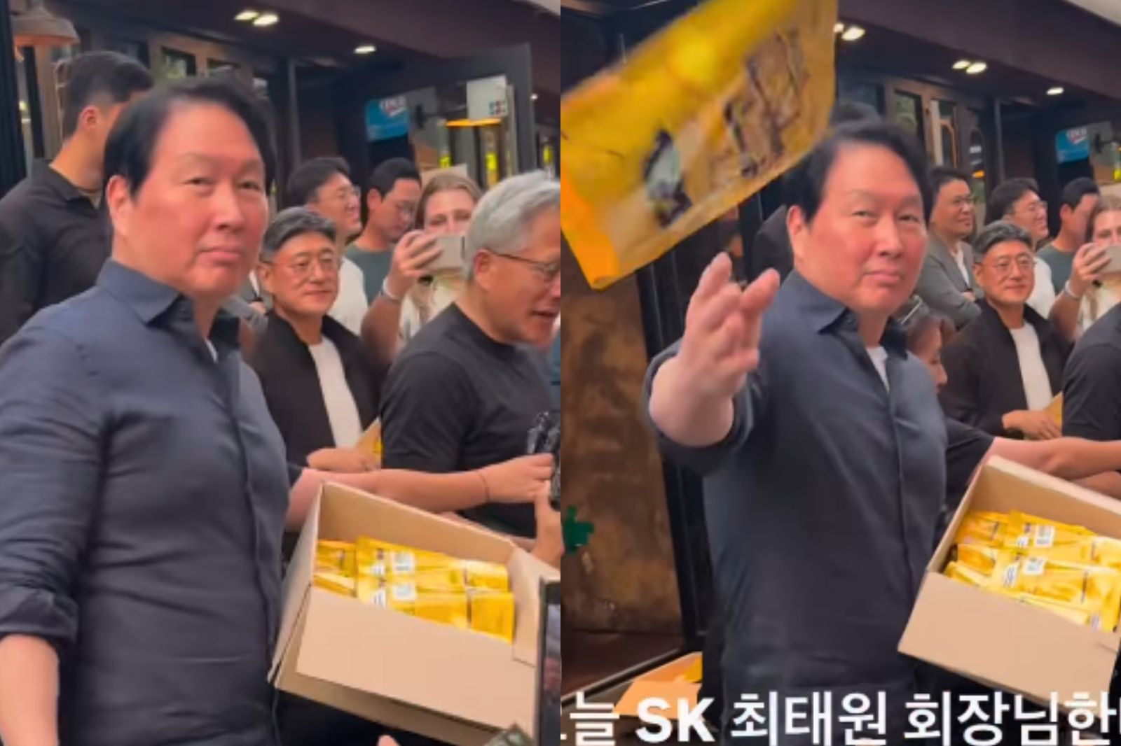 SK會長隨黃仁勳發零食「丟向粉絲」 一票人怒了:是在餵狗?