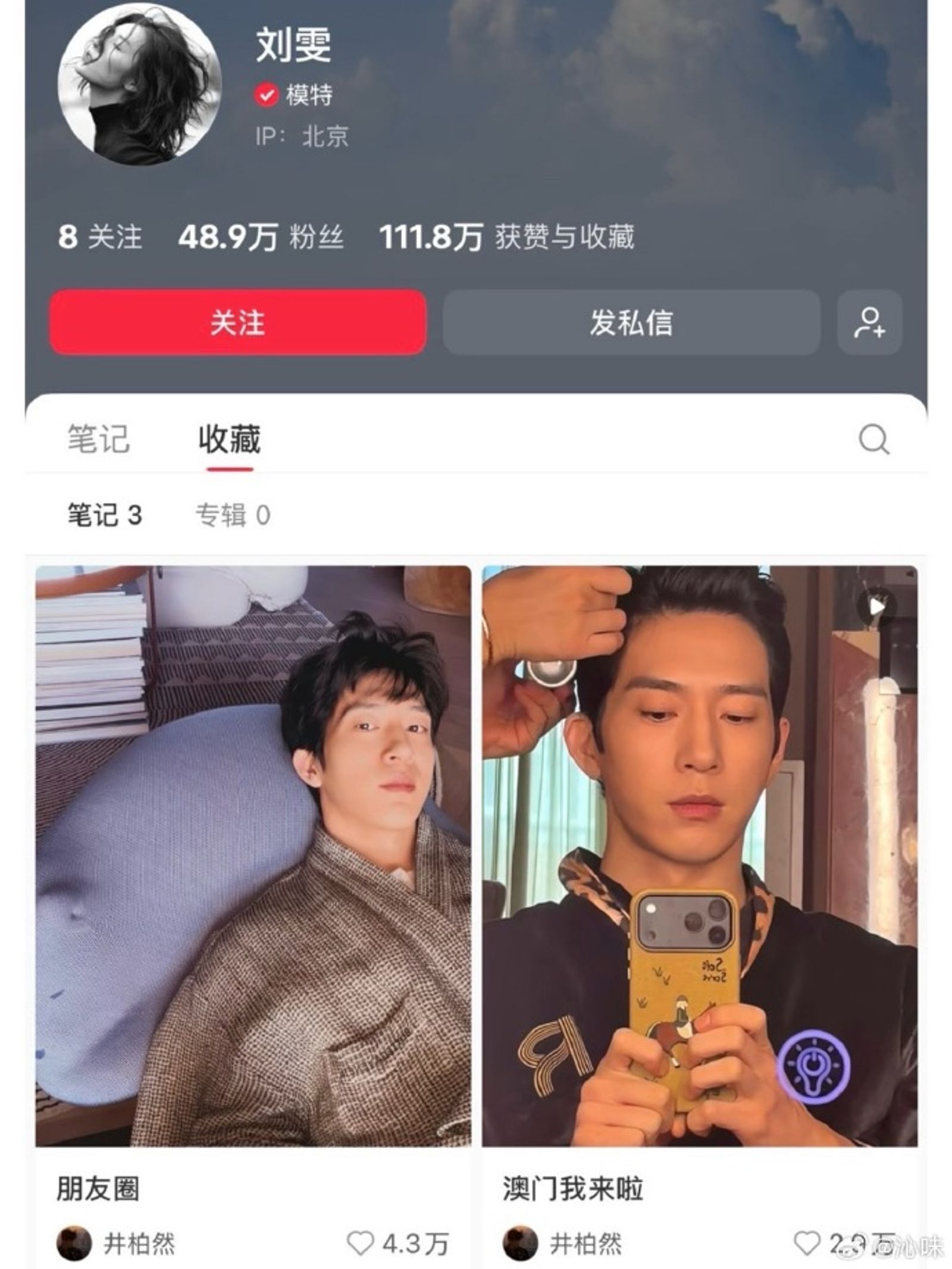 劉雯公開收藏夾30分鐘,內容全是井柏然的自拍。圖/微博@沁味