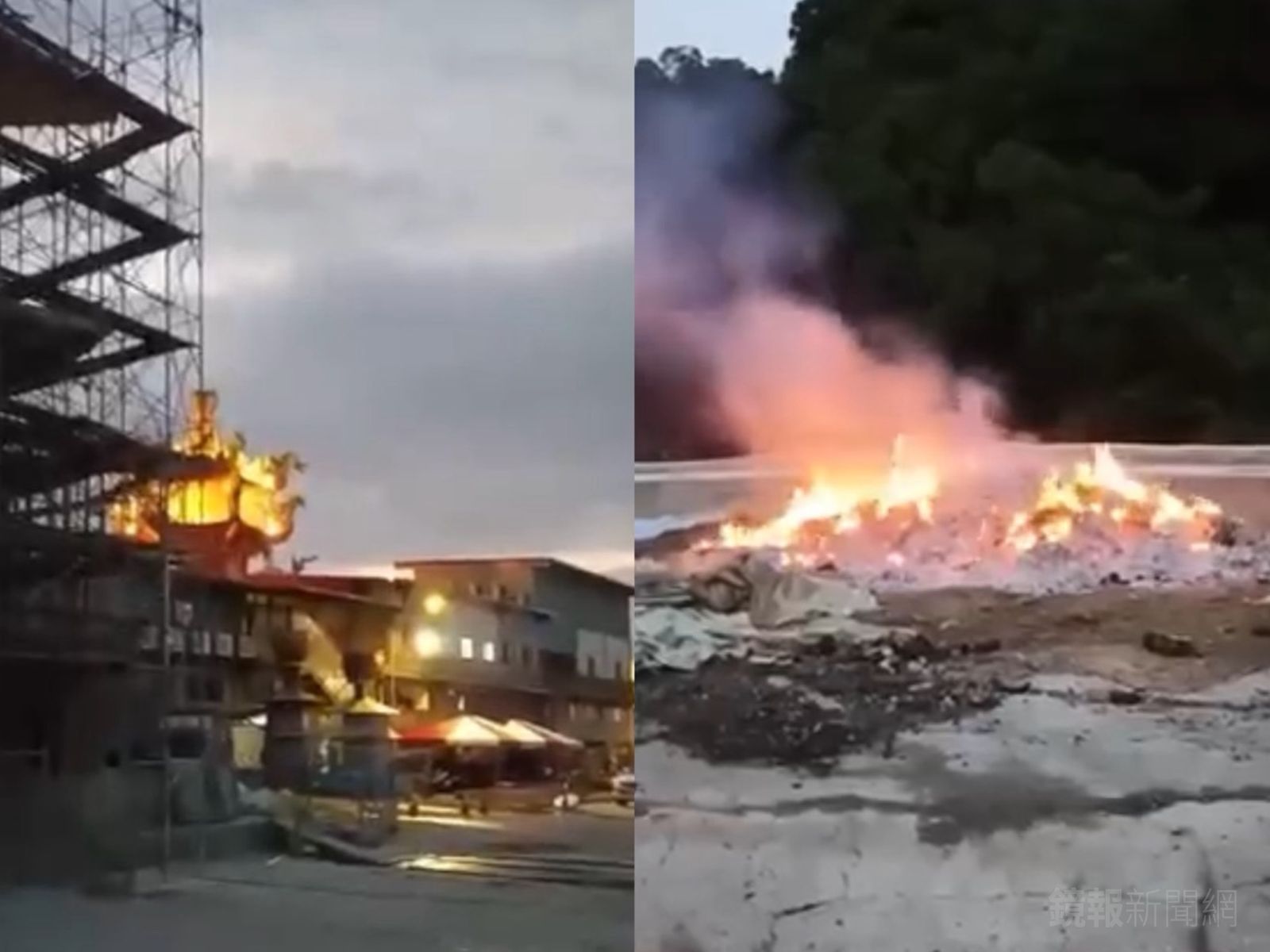 慈惠堂母娘文化館仍在建造期間,居民發現露天燃燒建物廢材、垃圾情況,現場飄出刺鼻臭味。讀者提供