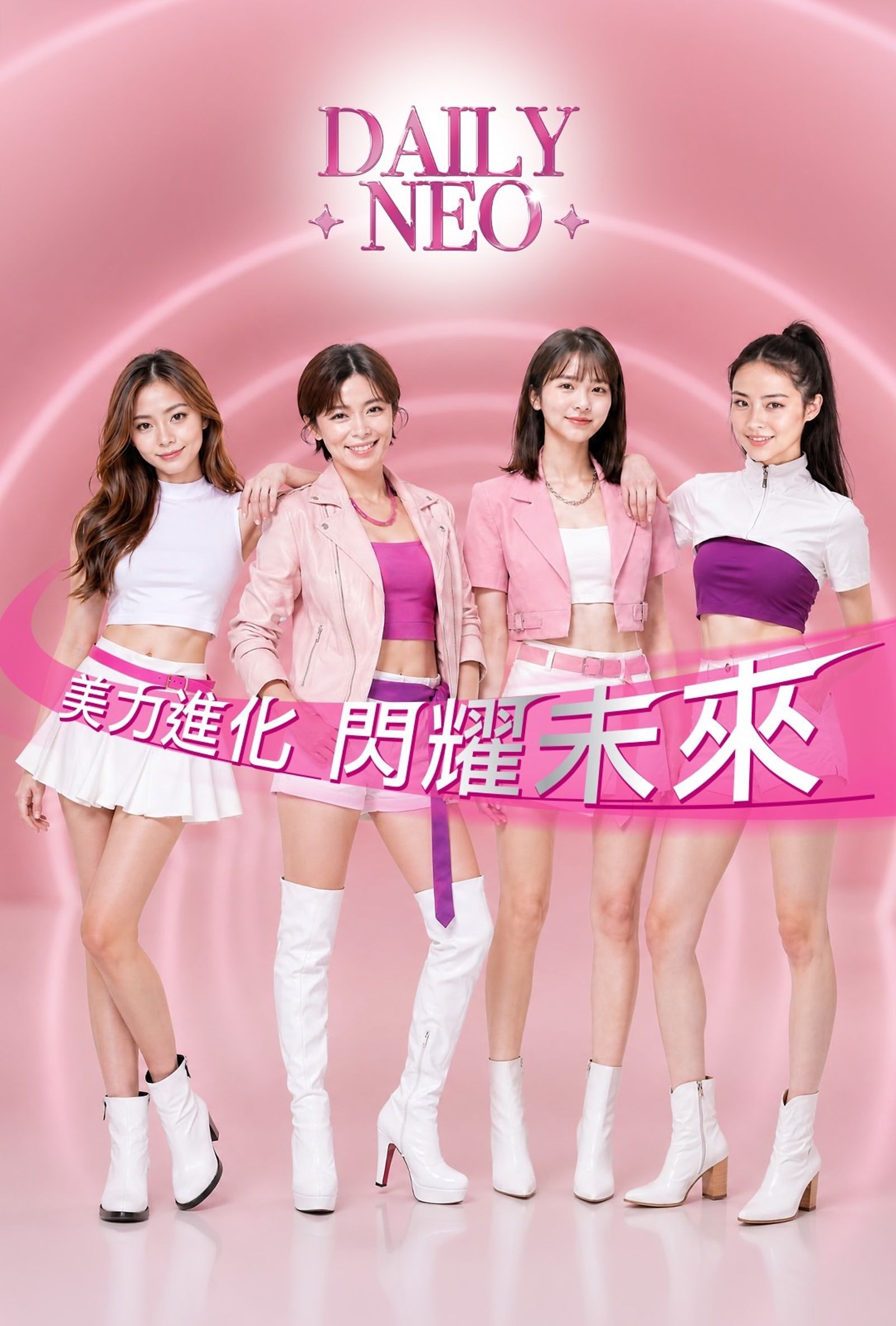 王瞳（左二）帶領民視AI女團DailyNeo小皙（右起）、敏萱、小潤，感謝團隊一路以來的用心與創新。民視提供