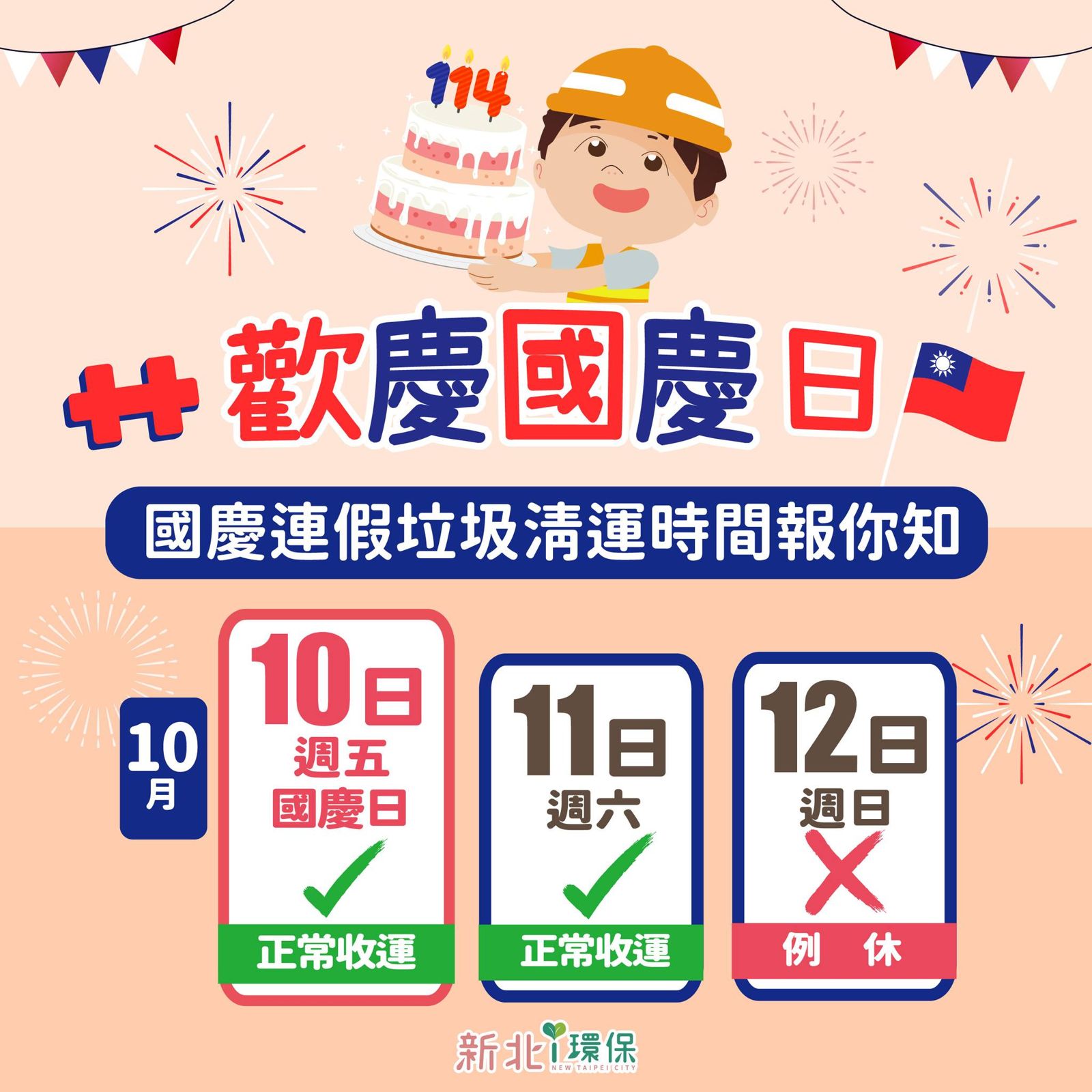 新北市公布雙十連假垃圾清運時間。圖/翻攝自新北i環保臉書