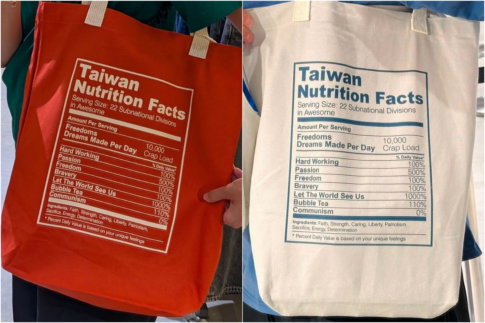 NET售台灣營養成分表帆布袋「自由100%、共產主義0%」!一看產地全網笑了:更諷刺