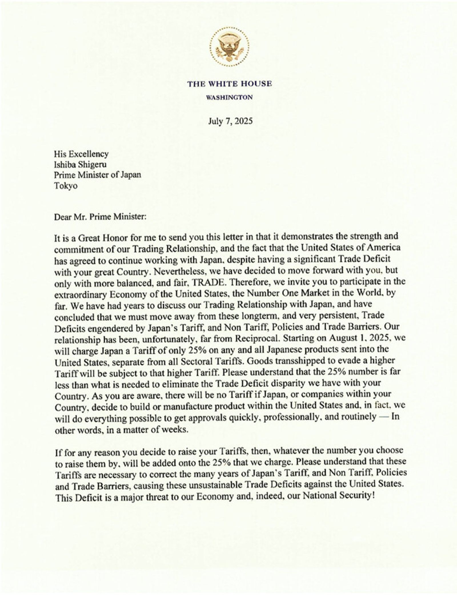 正在選舉期間的日本跟美國貿易談判沒談攏,美國寄出高關稅信施壓。(翻攝Truth)