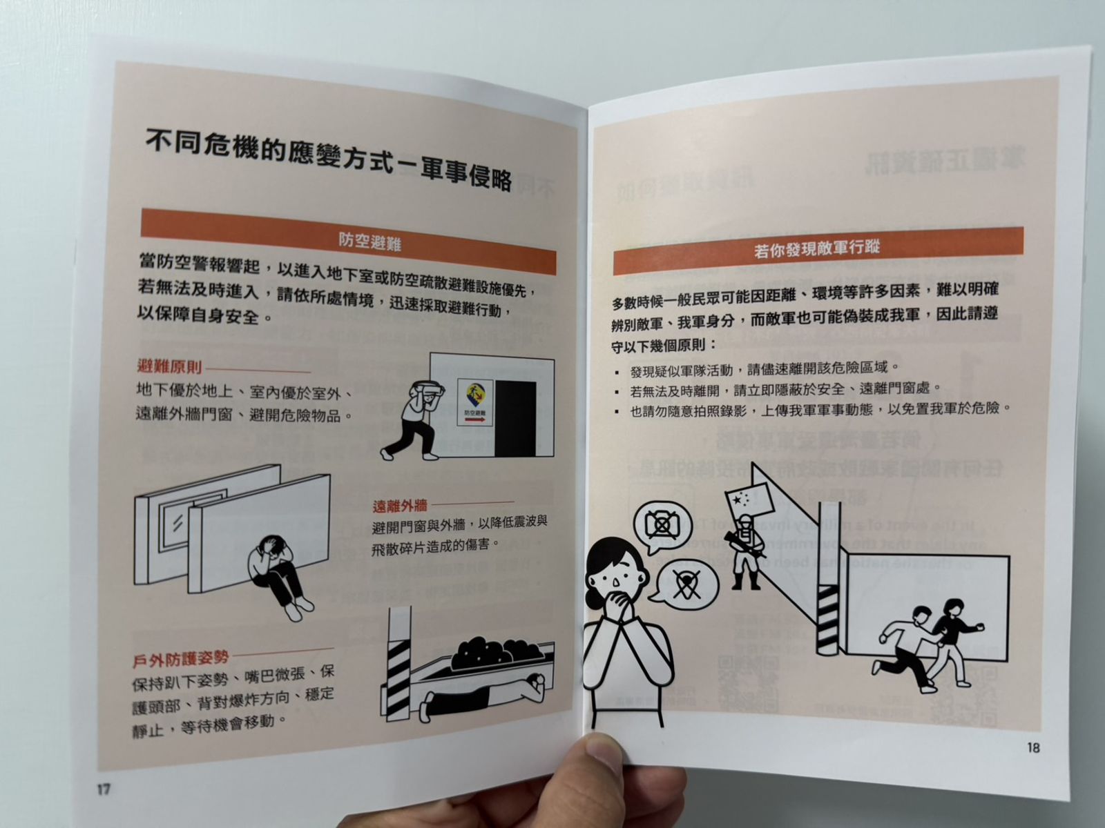 小橘書第 18 頁情境設定的背後邏輯是迅速離開、就地隱蔽、不要拍攝與散布資訊。攝影鄭任汶