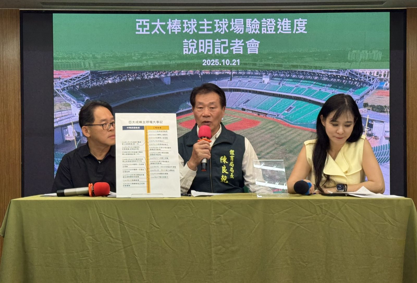 台南市體育局長陳良乾今表示,亞太成棒主球場自今年1月申報竣工以來,體育局即主動與中華職棒聯盟保持密切聯繫,並於1月、3月正式函請聯盟協助進行場地認證。(圖/台南市體育局提供)