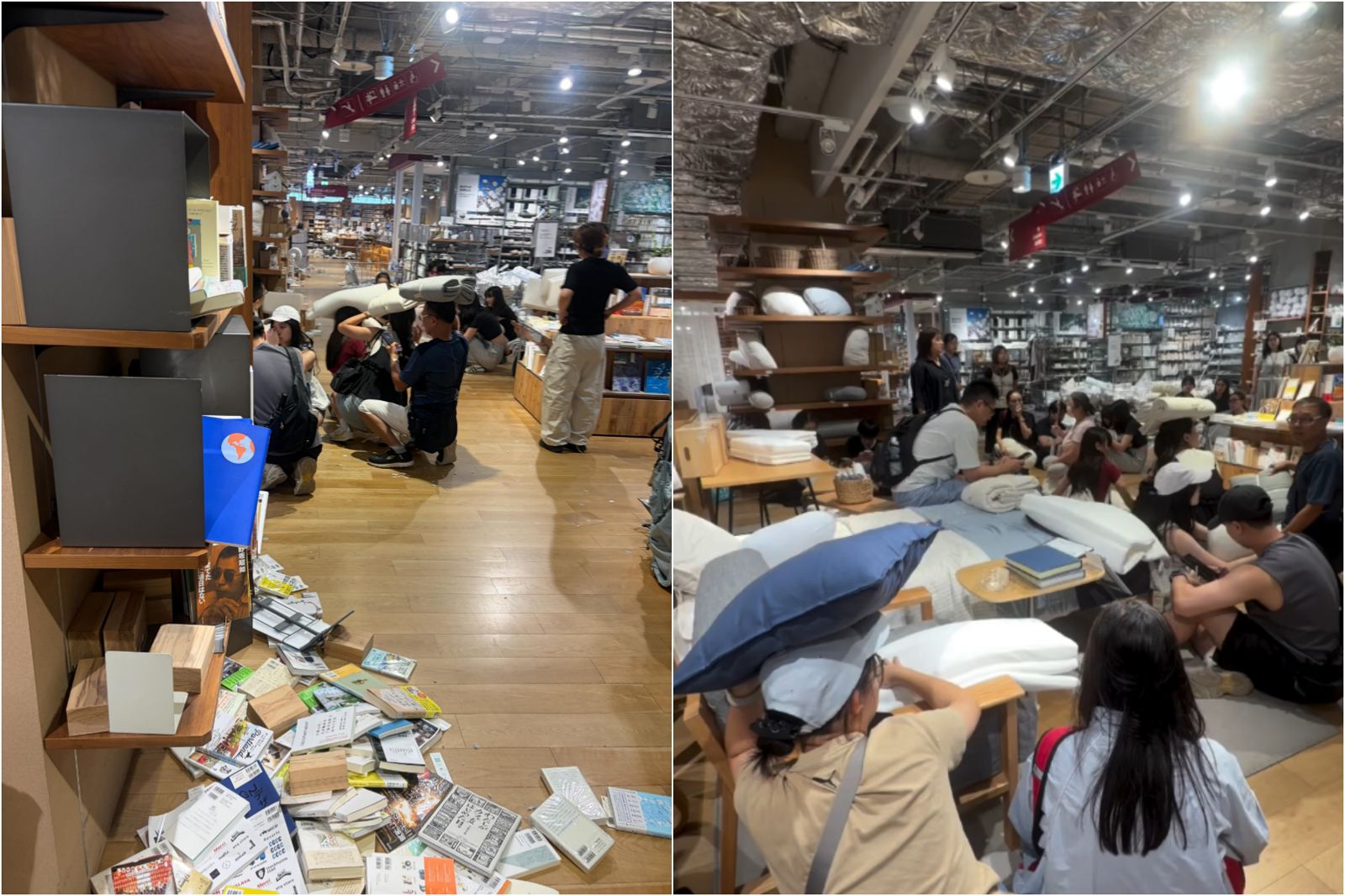 台灣旅客逛無印良品遇上地震，店員迅速引導並發放抱枕協助顧客。圖／翻攝自Threads@yu_tsen.0425